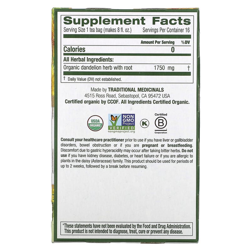 تراديشيونال ميديسينالز شاي اوراق وجذور الهندباء 16 كيس Traditional Medicinals Herbal Teas Organic Dandelion Leaf & Root