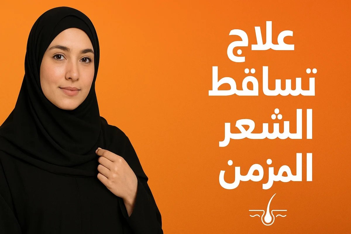 امرأة عربية محجبة ترتدي عباءة سوداء، تقف بخلفية برتقالية مع نص مكتوب علاج تساقط الشعر المزمن وأيقونة بصيلة شعر.