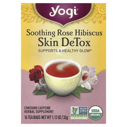 يوجي شاي مزيل سموم البشرة بالكركديه 16 كيس Yogi Tea Skin DeTox Soothing Rose Hibiscus