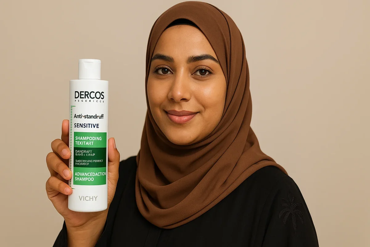 امرأة عُمانية محجبة تحمل شامبو فيتشي ديركوس المضاد للقشرة لفروة الرأس الحساسة – تجربتي مع شامبو فيتشي للقشرة