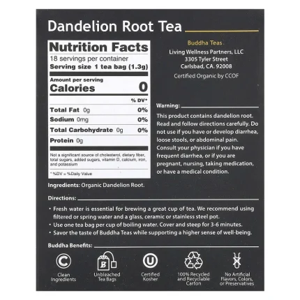 بودا تيز‏ شاي أعشاب عضوي جذور الهندباء خال من الكافيين 18 كيس Buddha Teas Organic Herbal Tea Dandelion Root