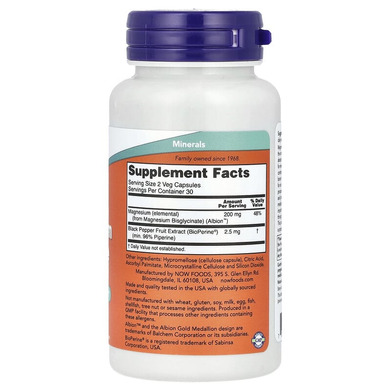 NOW Foods Magnesium Glycinate with BioPerine | مغنيسيوم جلايسينات ناو فودز مع بايوبيرين – 60 كبسولة نباتية