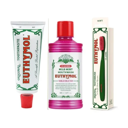 مجموعة ايثيمول للعناية بالفم (معجون + فرشاة + غسول الفم)