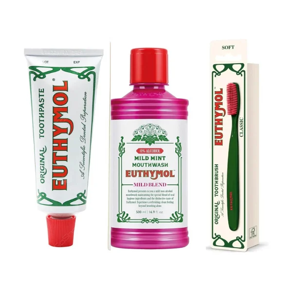 مجموعة ايثيمول للعناية بالفم (معجون + فرشاة + غسول الفم)