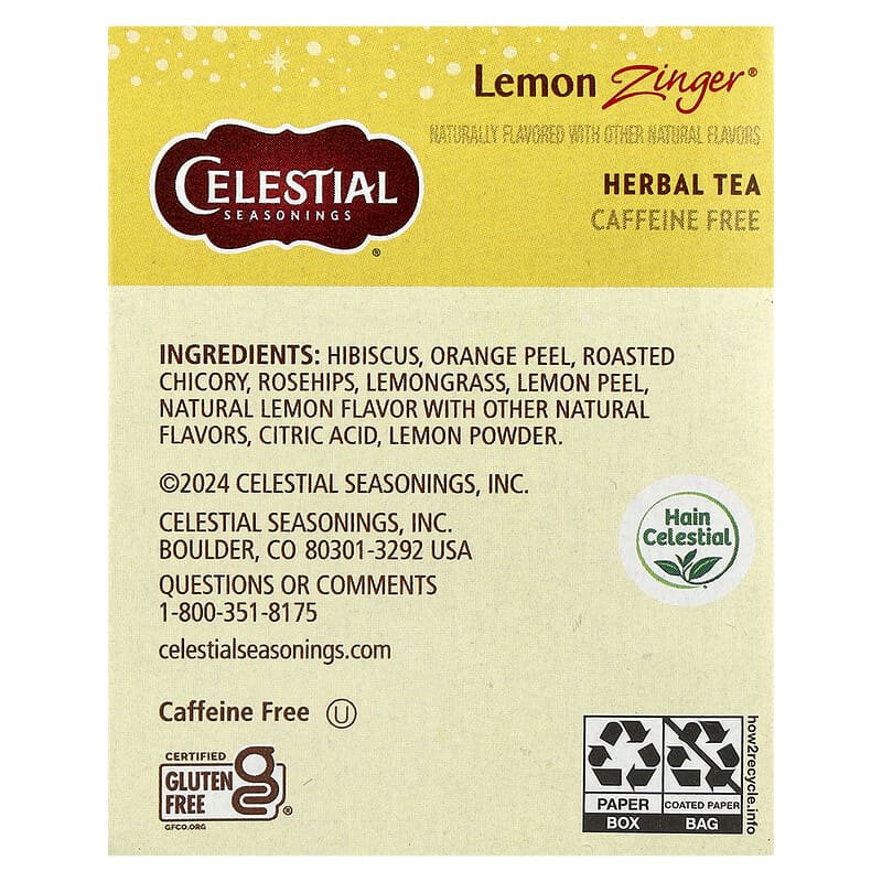 شاي أعشاب ليمون زنجر من Celestial Seasonings – خالي من الكافيين (6 علب × 20 كيس)