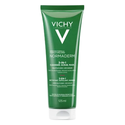 فيشي نورماديرم 3 في 1 غسول ومقشر وماسك للبشرة الدهنية وحب الشباب 125مل Vichy Normaderm 3-In-1 Cleanser Scrub Mask