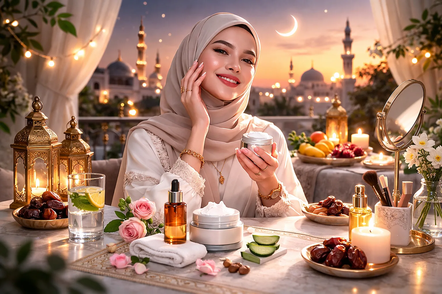 امرأة محجبة تقوم بروتين العناية بالبشرة في رمضان مع منتجات العناية والتمور والهلال في الخلفية