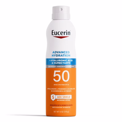 Eucerin Advanced Hydration Sunscreen Spray SPF50 يوسرين بخاخ واقي شمس بحمض الهيالورنيك للترطيب 170جم
