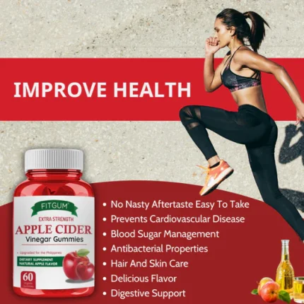 FITGUM Apple Cider Vinegar Gummies علكات فيت جم خل التفاح بالقوة الإضافية 60 حبة | دعم الهضم والطاقة